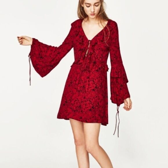 NWT Zara Trafaluc Collection Womens Red Floral Long Sleeve Mini Dress Sz S - Picture 3 of 15